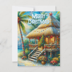 Tropische Hut Kerst Palm Boom Strand Verlichting Feestdagenkaart