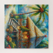 Tropische hut Kerstmis Palm Beach Lights Legpuzzel (Horizontaal)