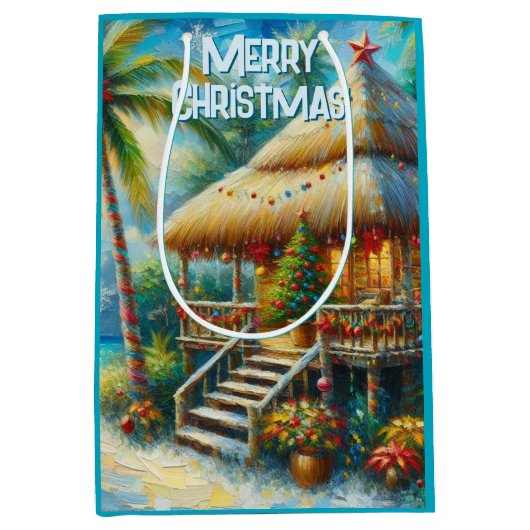 Tropische hut Kerstmis Palm Beach Lights Medium Cadeauzakje (Voorkant)