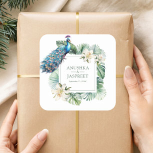 Tropische Indiase pauw bloemenbruiloft Vierkante Sticker