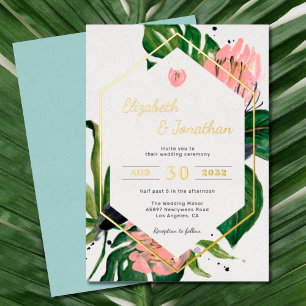 Tropische jungle bloem moderne roze bloem & blader folie uitnodiging