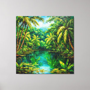 Tropische jungle rivier omringd door weelderig gro canvas afdruk