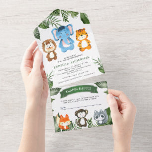 Tropische Jungle Safari Schattige Dieren Baby Show All In One Uitnodiging