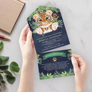 Tropische Jungle Safari Schattige Tijger Navy Baby All In One Uitnodiging