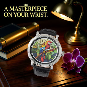 Tropische Kaleidoscoop" - Glas-in-lood Papegaai Horloge