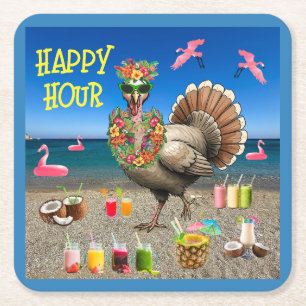 Tropische kalkoen Happy Hour Thanksgiving Vierkante Kartonnen Onderzetter