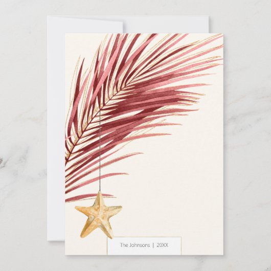 Tropische kerst met maroon- en goudpalm feestdagenkaart (Achterkant)