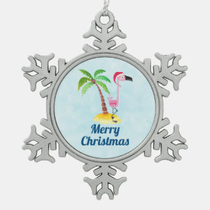 Tropische kerst met roze flamingo tin sneeuwvlok ornament
