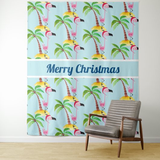 Tropische kerst met roze flamingo wandkleed (In situ)