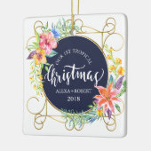 Tropische kerstbloemen en gouden Lijst Keramisch Ornament (Links)