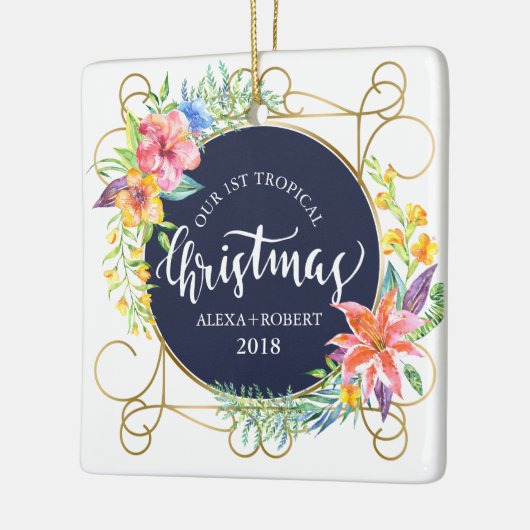 Tropische kerstbloemen en gouden Lijst Keramisch Ornament (Links)