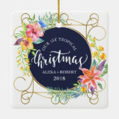 Tropische kerstbloemen en gouden Lijst Keramisch Ornament (Achterkant)