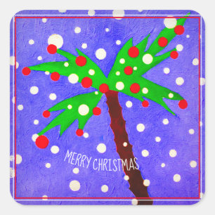 Tropische Kerstboom sneeuw stippen Prettig Kerstfe Vierkante Sticker