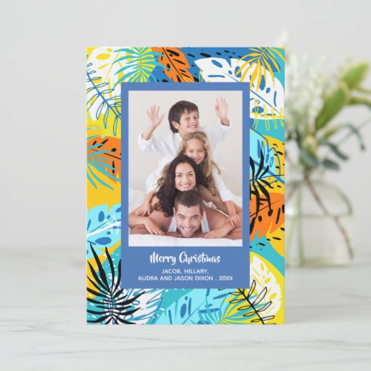 Tropische kerstfoto van Greenery Feestdagenkaart (Staand voorkant)