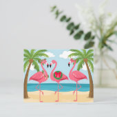 Tropische Kerstkrans met flamingo's op het strand  Feestdagenkaart (Staand voorkant)