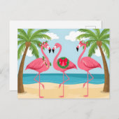 Tropische Kerstkrans met flamingo's op het strand  Feestdagenkaart (Voorkant / Achterkant)