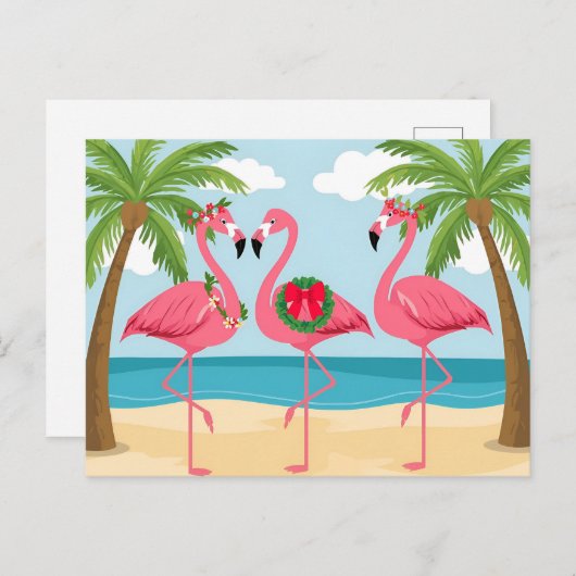 Tropische Kerstkrans met flamingo's op het strand  Feestdagenkaart (Voorkant / Achterkant)