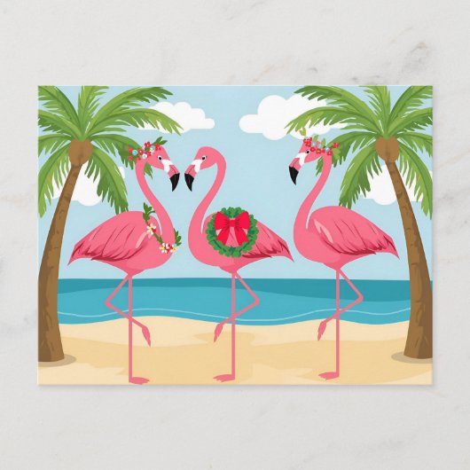 Tropische Kerstkrans met flamingo's op het strand  Feestdagenkaart (Voorkant)