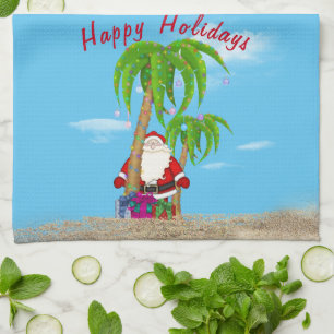 Tropische Kerstman en Palmen Keukenhanddoek