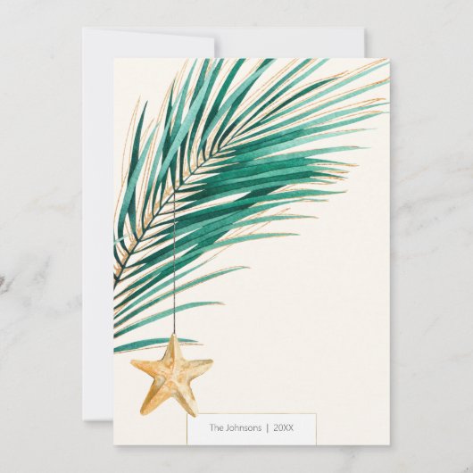 Tropische kerstmis met groene en goudpalm feestdagenkaart (Achterkant)