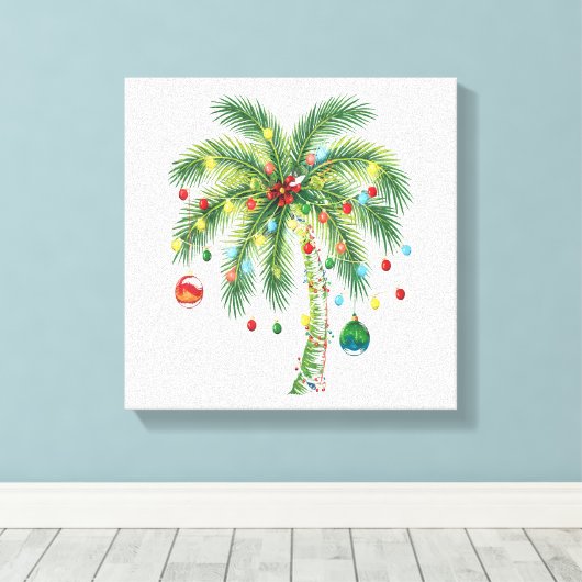 Tropische kerstpalmboom met verlichting en Ornam Canvas Afdruk (Insitu (Houten vloer))