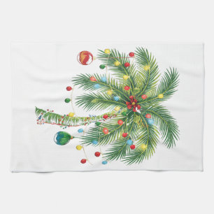 Tropische kerstpalmboom met verlichting en Ornam Theedoek