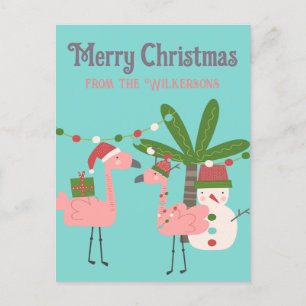 Tropische kerstroze flamingos op Blauwgroen Briefkaart