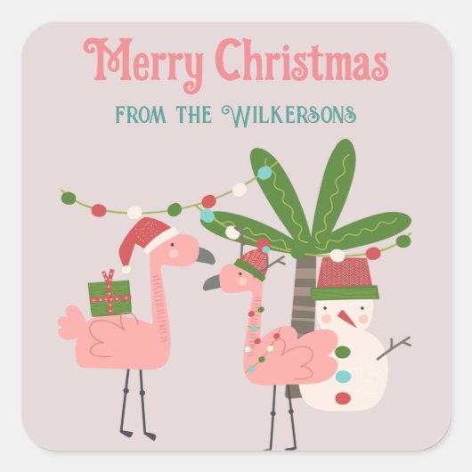 Tropische kerstroze flamingos op Blush Vierkante Sticker (Voorkant)