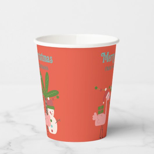 Tropische kerstroze flamingos op Sinaasappel Papieren Bekers (Links)