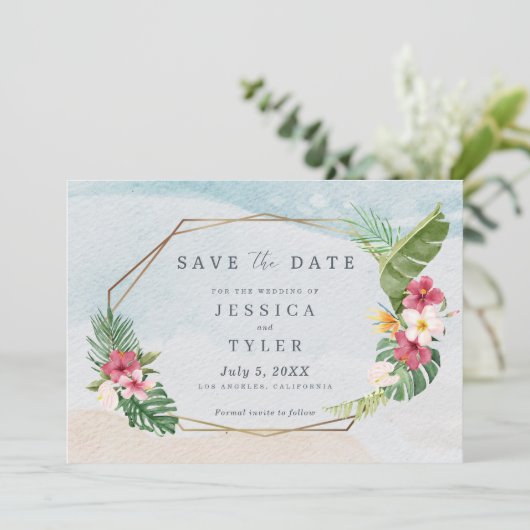 Tropische kever-strand bruiloft save the date (Staand voorkant)