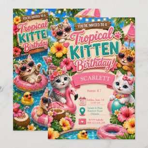 Tropische Kittens Verjaardag - Zwembad Feestje Kaart