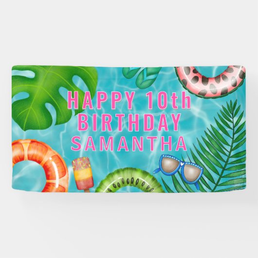 Tropische kleurrijke zwembad partij verjaardag spandoek (Horizontaal)
