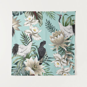 Tropische  kraanvogel, papegaai, lotusvloed wandkleed