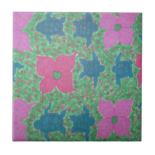 Tropische kunst met zeeen schildpadden en bloemen tegeltje