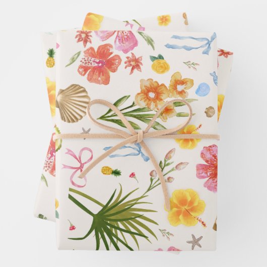 Tropische kust Hand getrokken bloemen en schelpen Inpakpapier Vel (In situ)