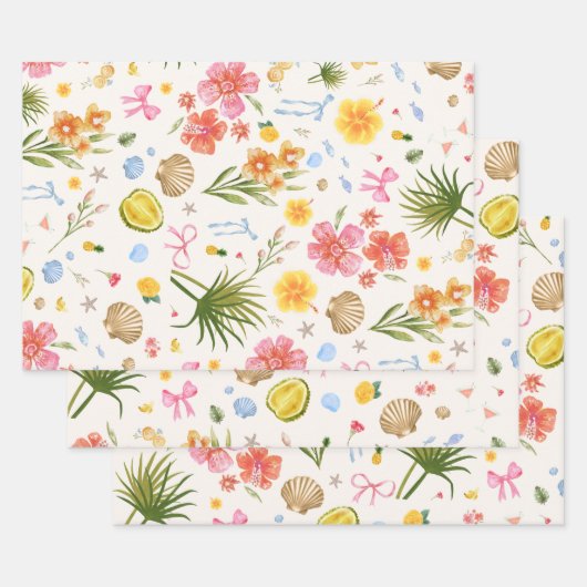 Tropische kust Hand getrokken bloemen en schelpen Inpakpapier Vel (Set)