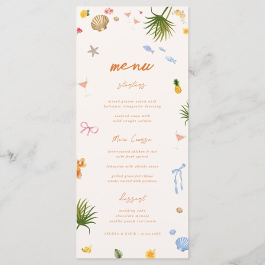 Tropische Kust Hand Getrokken Bloemen Schelpen Huw Menu (Voorkant)