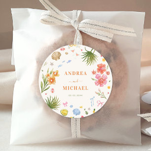 Tropische Kust Hand Getrokken Bloemen Schelpen Huw Ronde Sticker