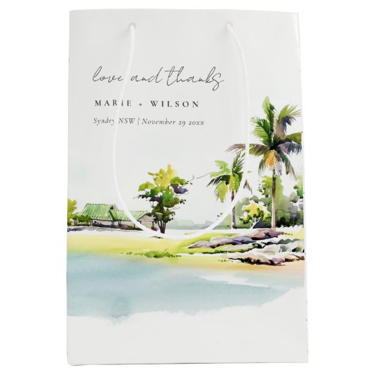 Tropische kuststrook Waterverf bruiloft palmbomen Medium Cadeauzakje (Voorkant)