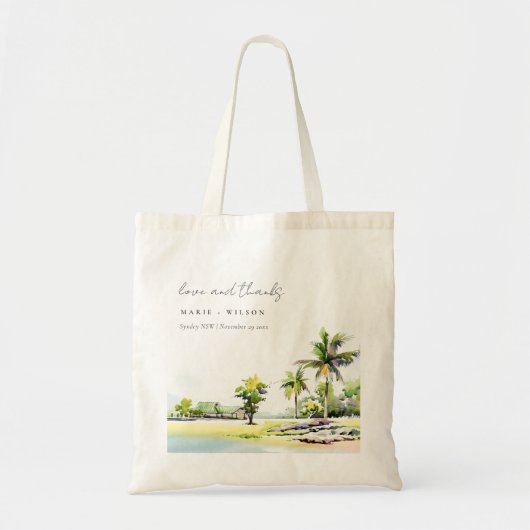 Tropische kuststrook Waterverf bruiloft palmbomen Tote Bag (Voorkant)