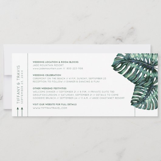 Tropische Leaf Boarding Pass Photo Save the Date Aankondiging (Achterkant)