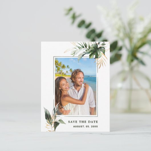 Tropische loof bruiloft foto opslaan van de datum aankondigingskaart (Staand voorkant)