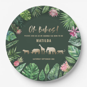 Tropische loof + gouddieren met twee baby showers papieren bordje