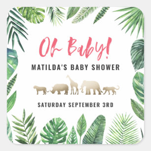 Tropische loof + goudvee baby shower partij vierkante sticker