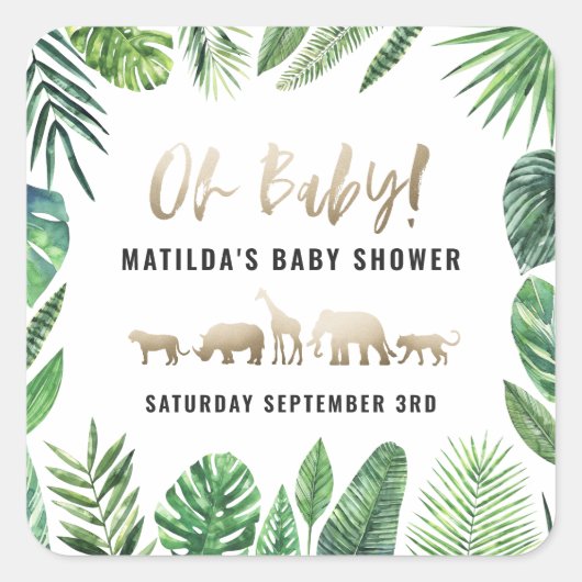 Tropische loof + goudvee baby shower partij vierkante sticker (Voorkant)