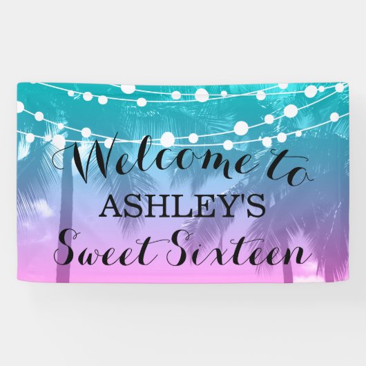 Tropische Luau Blauwgroen roze Sweet 16 zaterdag Spandoek (Horizontaal)