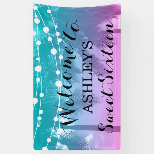 Tropische Luau Blauwgroen roze Sweet 16 zaterdag Spandoek (Verticaal)