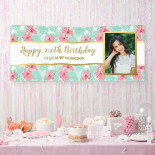 Tropische Luau Floral Palm Leaf Birthday Foto Spandoek
