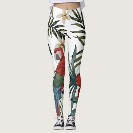 Tropische  Macaw Parrot Hibiscus Leggings (Voorkant)