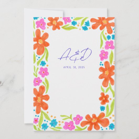 Tropische Marker Schets Bloem Grens Bruiloft Kaart (Achterkant)